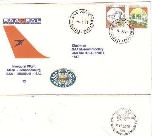 AVIATION  SAA MUSEUM COVER N0 13 MILAN TO JAN SMUTS AIRPORT UNSIGNED