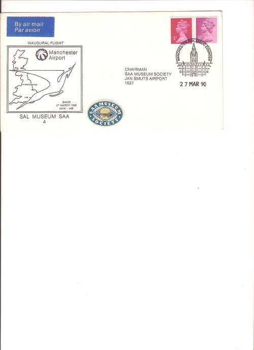 AVIATION  SAA MUSEUM COVER N0 4   MANCTHESTER TO  JAN SMUTS AIRPORT  BY SAA AIRWAYS   UNSIGNED