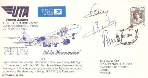 JAN SMUTS AIRPORT  TO PARIS BY UTA FRENCH AIRLINES   SIGNED BY CAPT