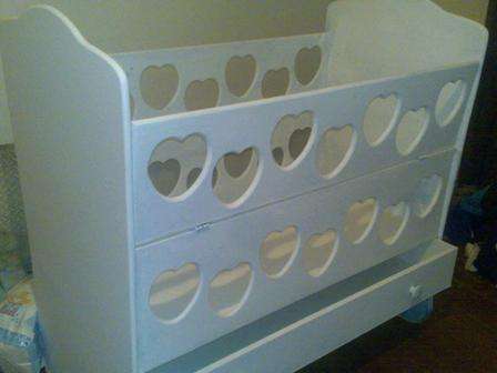 Wooden Baby Cot, White with heart shapes, and drawer. Excellent condition.