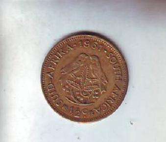 Circulated 1961 South African 1/2c(half sent)