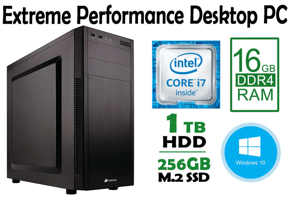 Extreme Performance Desktop PC - **Core i7 4.0GHz, 16GB RAM, NVMe SSD + HDD, Silent, Win10 Pro**