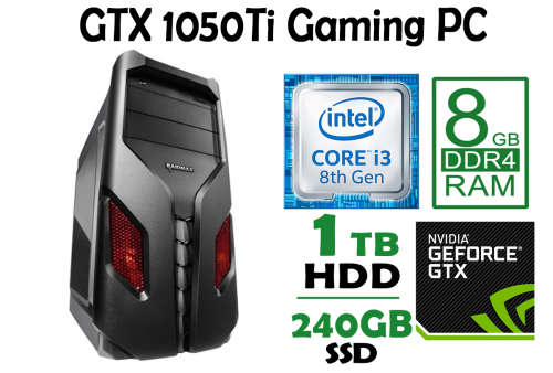 RED-Themed Gaming PC - Gen Quad Core i3, 8GB Gaming RAM, SSD HDD, GTX1050Ti 4GB Gaming