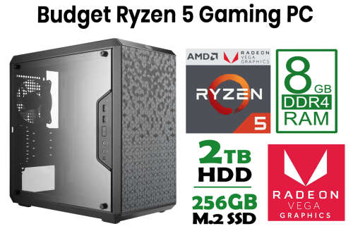 Windowed Ryzen 5 3400G Gaming PC - Ryzen 5 4.2GHz, 8GB RAM, NVMe SSD + HDD dual, WiFi, Red Themed