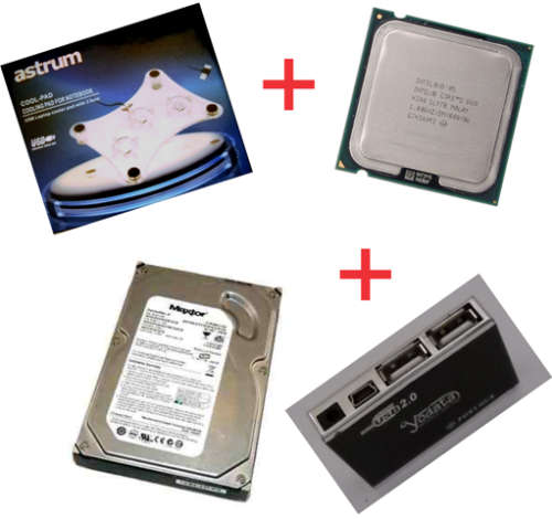 Hard Drive + CPU + USB Adaptor + Coolpad + IDE & Sata cables + Driver CD's