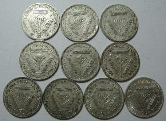 Crazy R1 Start Auction! Union of South Africa Silver Tickey Set of the 1950s