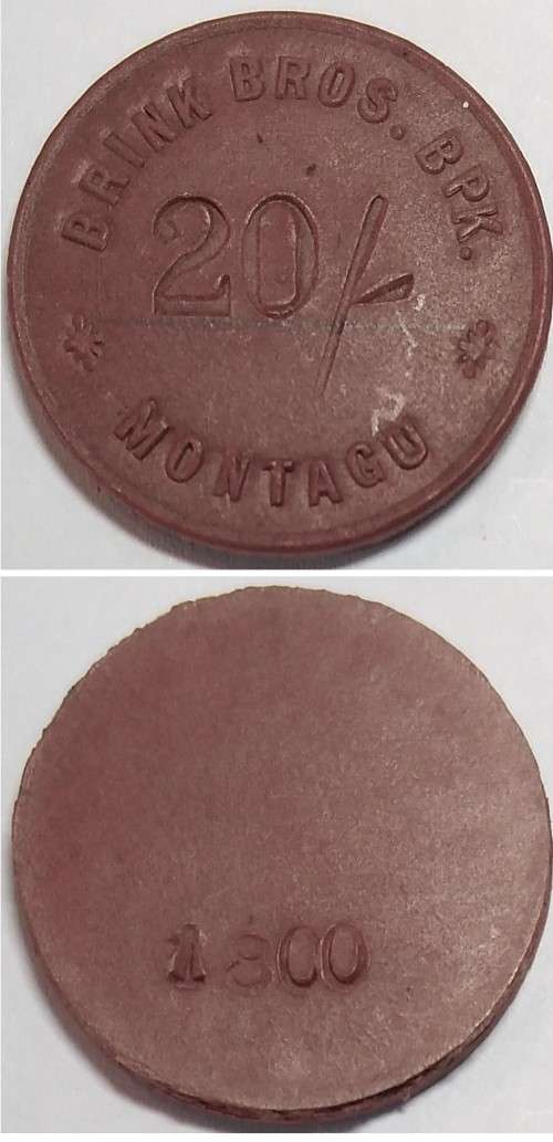 Crazy R1 Start Auction! Brink Brothers (Montagu) Twenty Shillings (20/-) Token