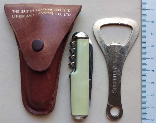 Crazy R1 Start Auction!  Collectable Richards Sheffield Bar Knife and Bottle opener in Leather Pouch