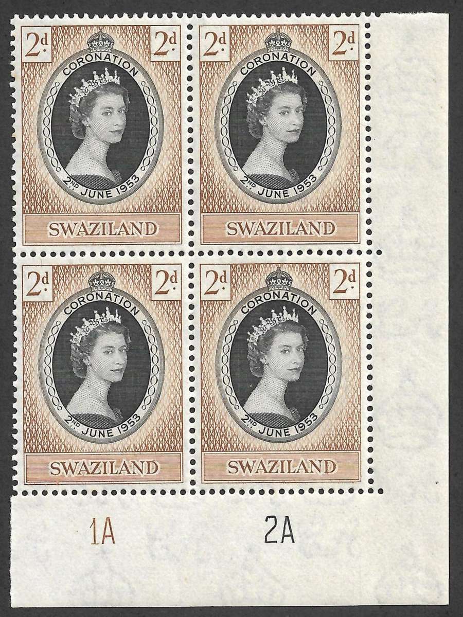 SWAZILAND 1953 QE II CORONATION BOTTOM RIGHT HAND MARGIN BLOCK OF 4 MNH