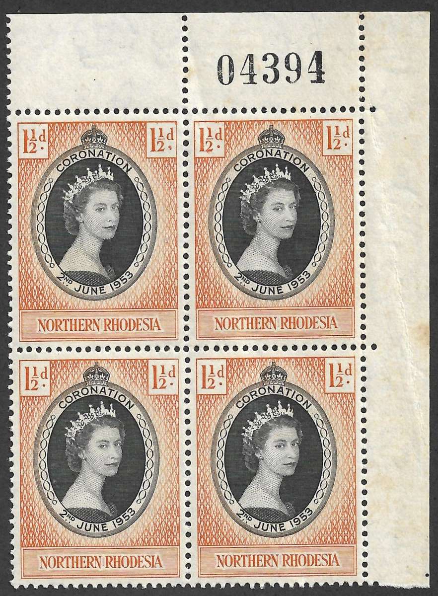NORTHERN RHODESIA 1953 QE II CORONATION TOP RIGHT HAND MARGIN BLOCK OF 4 WITH SHEET No. MNH