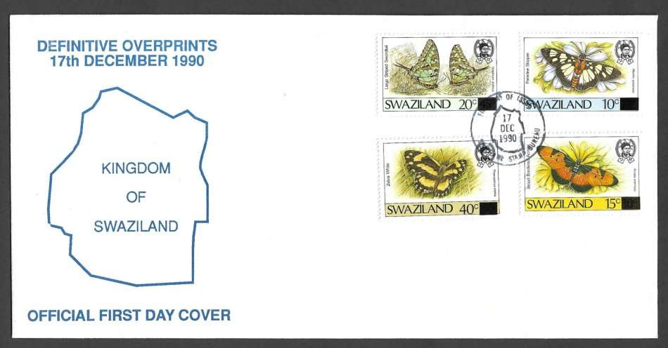 Swaziland 1987/90 Butterflies SG 516/528 MNH, covers & plus 2 used copies of the 15/45c overprint