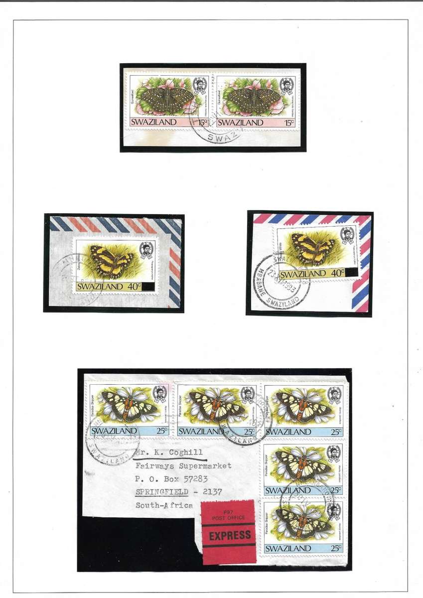 Swaziland 1987/90 Butterflies SG 516/528 MNH, covers & plus 2 used copies of the 15/45c overprint