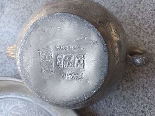 STYLISH ANTIQUE CHINESE KUT HING PEWTER SWATOW TEA SET & TRAY CIRCA 1890