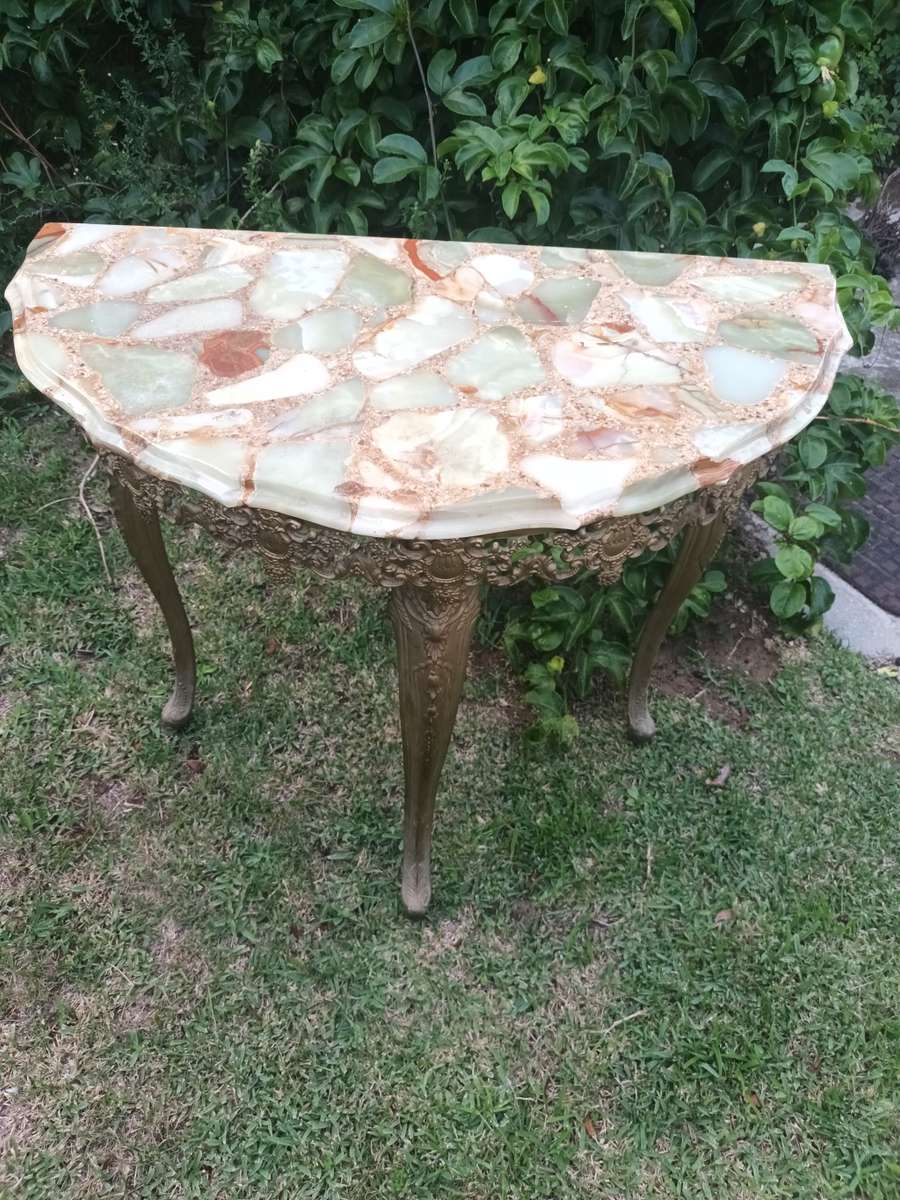 VINTAGE Solid Marble & Brass Queen Anne Half Moon Table