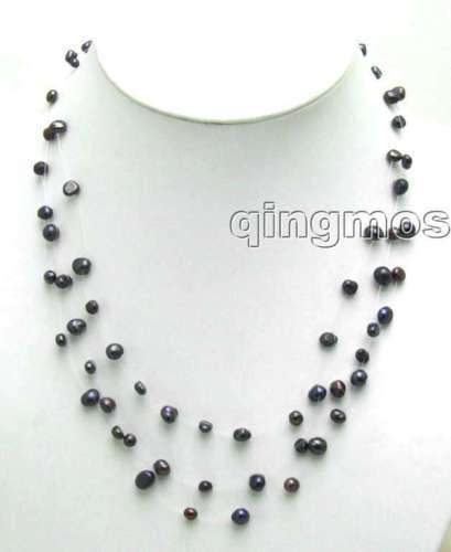 4mm - 6mm Natural Black Freshwater Baroque Pearl Stariness  18" Necklace