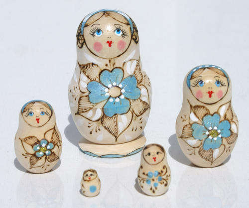 Set 5 units Wooden Russian Stack Dolls within Dolls with Light Blue Flowers
