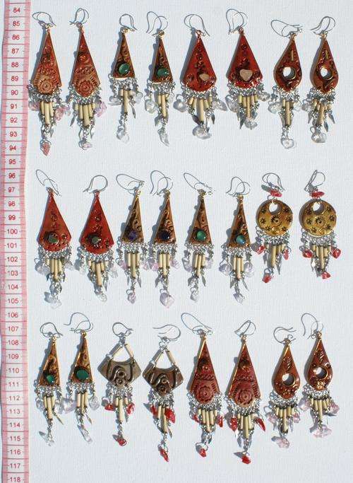Lot 4 Pairs of Hand Crafted Earrings Of Ceramic, Bamboo And Crystals, Peru