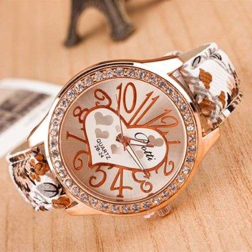 Love Gift Heart Pattern Flower Leather Band Quartz Analog Wrist Watch