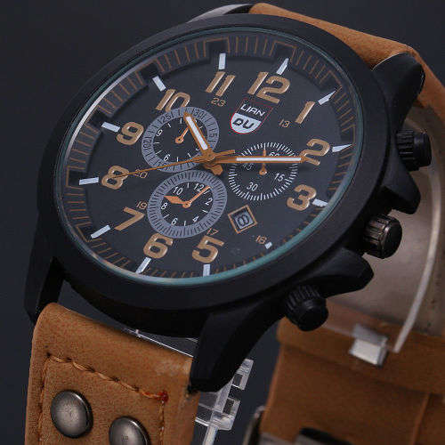 Military Leather Waterproof Date Quartz Analog Army Men's Quartz Wrist Watches
