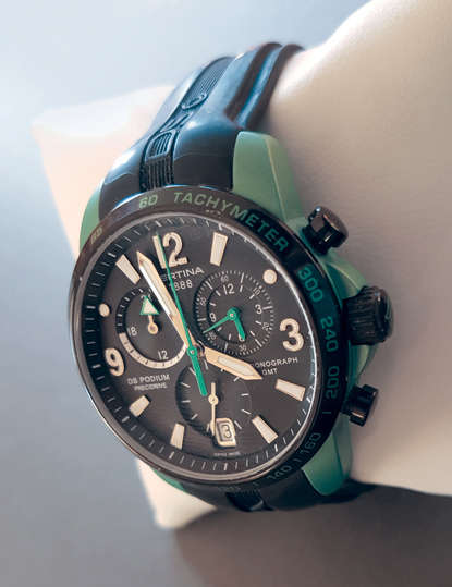 CERTINA DS PODIUM PRECIDRIVE CHRONOGRAPH GMT. GREEN/BLACK ALL ALUMINIUM. RUBBER STRAP