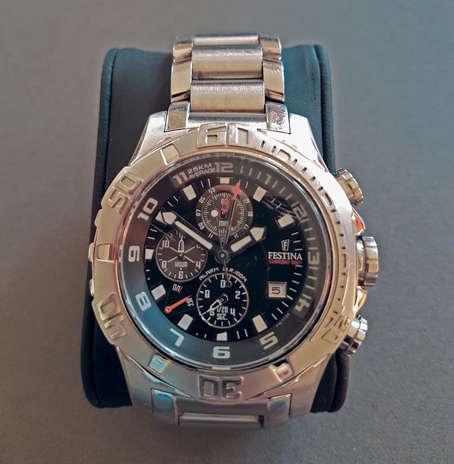 FESTINA CHRONO BIKE 16177 ALL STAINLESS STEEL GENTS WATCH, BLACK DIAL, QUARTZ, ALARM.