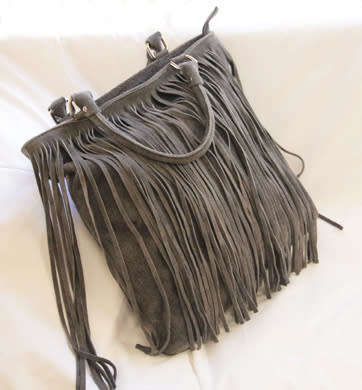 FIRENZE ITALIAN MADE GREY GENUINE SUEDE LEATHER TOTE HANDBAG WITH FRINGED TASSEL DETAIL