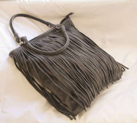 FIRENZE ITALIAN MADE GREY GENUINE SUEDE LEATHER TOTE HANDBAG WITH FRINGED TASSEL DETAIL