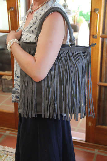 FIRENZE ITALIAN MADE GREY GENUINE SUEDE LEATHER TOTE HANDBAG WITH FRINGED TASSEL DETAIL