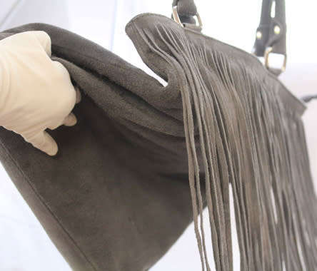FIRENZE ITALIAN MADE GREY GENUINE SUEDE LEATHER TOTE HANDBAG WITH FRINGED TASSEL DETAIL
