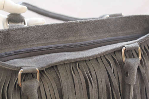FIRENZE ITALIAN MADE GREY GENUINE SUEDE LEATHER TOTE HANDBAG WITH FRINGED TASSEL DETAIL