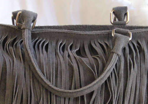 FIRENZE ITALIAN MADE GREY GENUINE SUEDE LEATHER TOTE HANDBAG WITH FRINGED TASSEL DETAIL