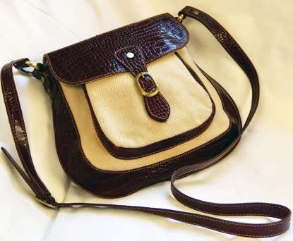 PAUL COSTELLOE DRESSAGE SADDLEBAG HANDBAG. CREAM FABRIC WEAVE WITH BURGUNDY PATENT LEATHER DETAILS