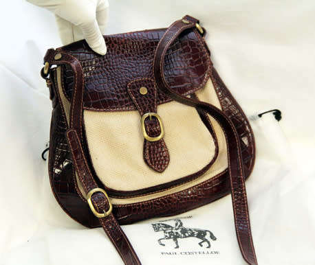 PAUL COSTELLOE DRESSAGE SADDLEBAG HANDBAG. CREAM FABRIC WEAVE WITH BURGUNDY PATENT LEATHER DETAILS