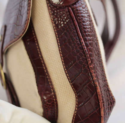 PAUL COSTELLOE DRESSAGE SADDLEBAG HANDBAG. CREAM FABRIC WEAVE WITH BURGUNDY PATENT LEATHER DETAILS
