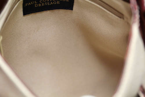 PAUL COSTELLOE DRESSAGE SADDLEBAG HANDBAG. CREAM FABRIC WEAVE WITH BURGUNDY PATENT LEATHER DETAILS