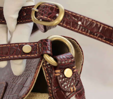 PAUL COSTELLOE DRESSAGE SADDLEBAG HANDBAG. CREAM FABRIC WEAVE WITH BURGUNDY PATENT LEATHER DETAILS