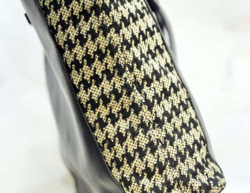 TUMI LEATHER AND HOUNDSTOOTH WOOL BUCKET HANDBAG. QUITE RARE! DUSTCOVER.