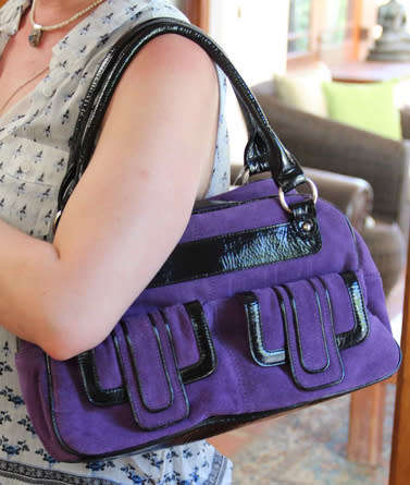 EXUDE LONDON PURPLE SUEDE SAFARI HANDBAG WITH BLACK PATENT LEATHER TRIM. ORIGINAL DUSTCOVER.