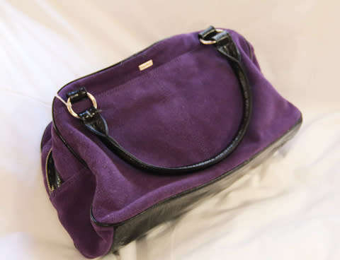 EXUDE LONDON PURPLE SUEDE SAFARI HANDBAG WITH BLACK PATENT LEATHER TRIM. ORIGINAL DUSTCOVER.