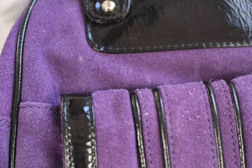 EXUDE LONDON PURPLE SUEDE SAFARI HANDBAG WITH BLACK PATENT LEATHER TRIM. ORIGINAL DUSTCOVER.