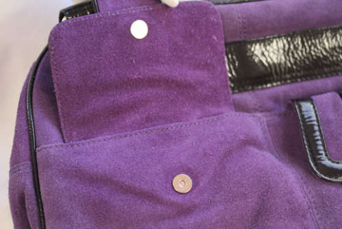 EXUDE LONDON PURPLE SUEDE SAFARI HANDBAG WITH BLACK PATENT LEATHER TRIM. ORIGINAL DUSTCOVER.