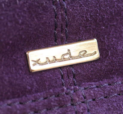 EXUDE LONDON PURPLE SUEDE SAFARI HANDBAG WITH BLACK PATENT LEATHER TRIM. ORIGINAL DUSTCOVER.