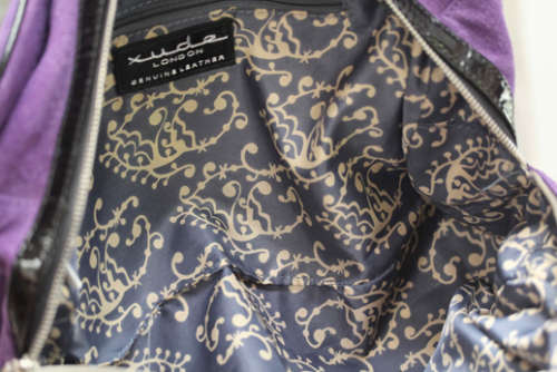 EXUDE LONDON PURPLE SUEDE SAFARI HANDBAG WITH BLACK PATENT LEATHER TRIM. ORIGINAL DUSTCOVER.