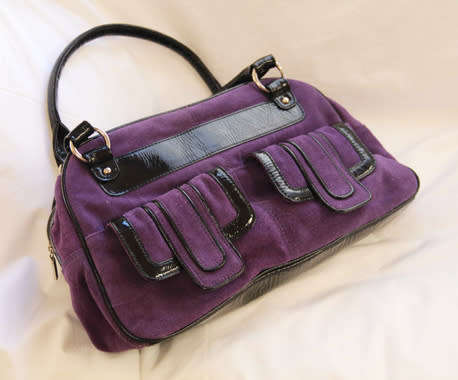 EXUDE LONDON PURPLE SUEDE SAFARI HANDBAG WITH BLACK PATENT LEATHER TRIM. ORIGINAL DUSTCOVER.