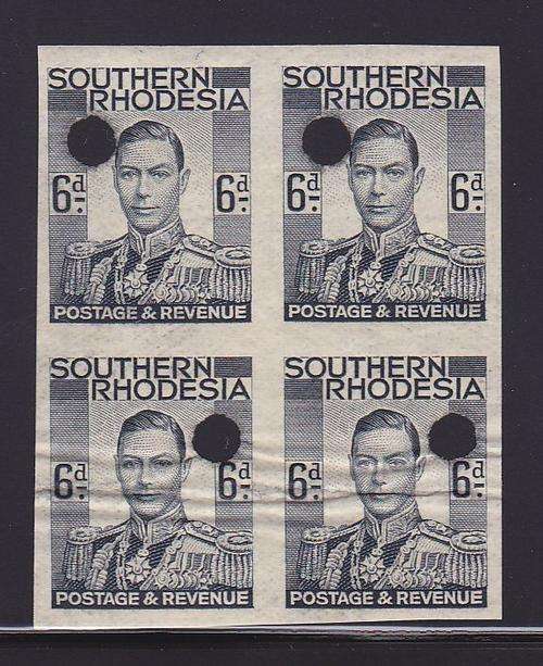 Southern Rhodesia George VI 6d Imperforated Proof - Block of 6