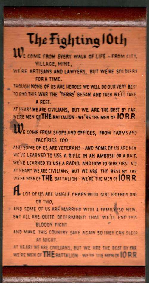 The Fighting 10th Copper Plaque  -  Rhodesiana