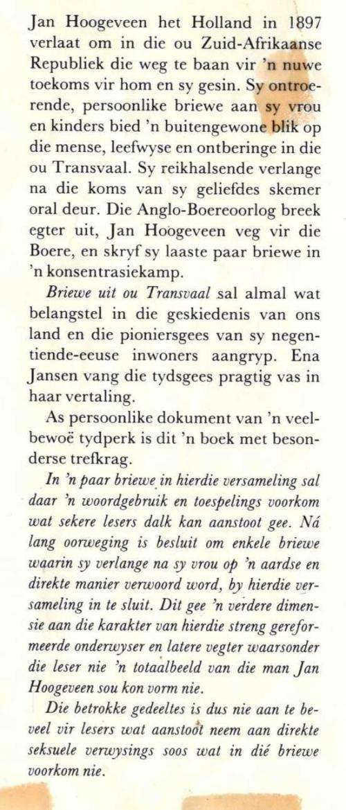 Briewe uit Ou Transvaal  -  Jan Hoogeveen / Ena Jansen