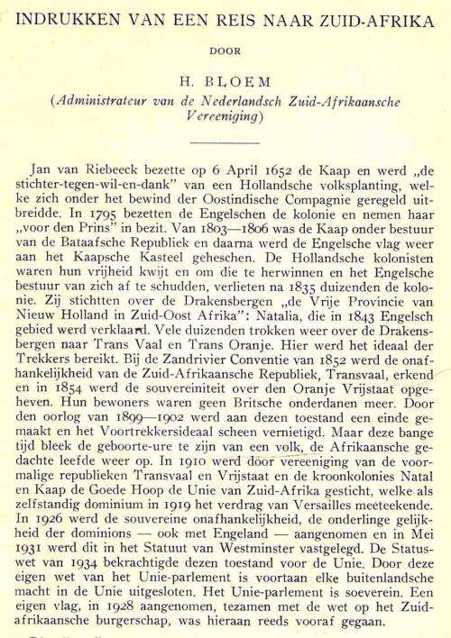 Indrukken van Een Reis Naar Zuid-Afrika  --  H Bloem - Ex Libris van en Geteken deur Dr Jan Ploeger