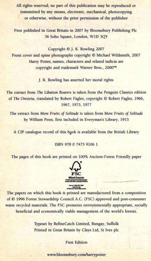 Harry Potter and the Deathly Hallows  --  J K Rowling