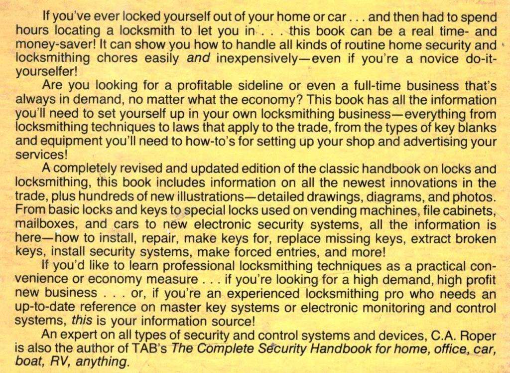 The Complete Book of Locks and Locksmithing   --  C A Roper